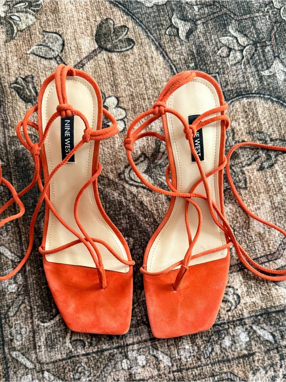Nine West Bright Orange Suede Lace-Up Heeled Sandals